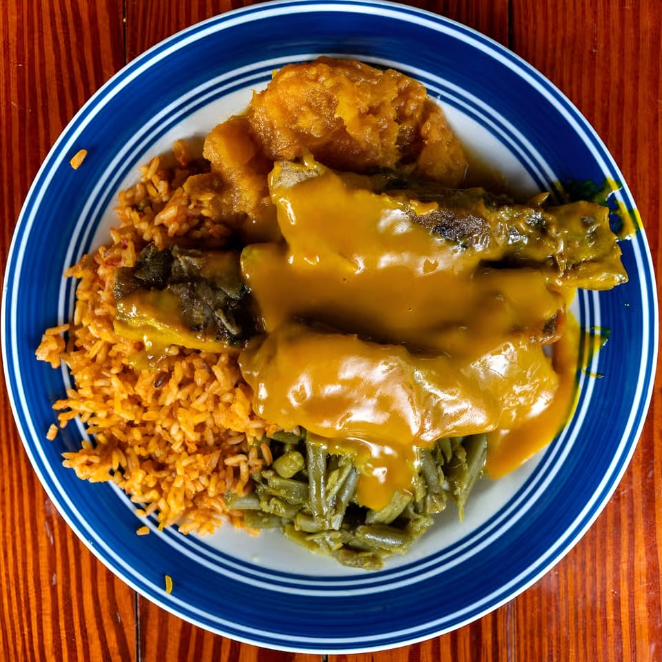 Soul food plate with smothered pork chops, rice, green beans, and candied yams on a blue and white plate.